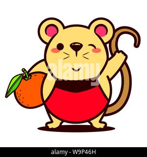Cartoon cute rat carrying big mandarin orange. Year of rat. Chinese New Year. Cartoon rat character isolated.  - Vector Stock Vector