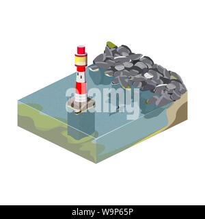 Lighthouse. Isometric illustration of the ocean and rocks. A shark is swimming near the lighthouse. Vector illustration Stock Vector