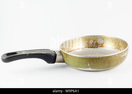 Dirty old frying pan. Isolated on white background Stock Photo