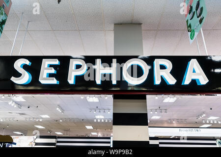 August 14, 2019 San Jose / CA / USA - Close up of Sephora logo at a store in South San Francisco bay area; Sephora is a Paris–based French multination Stock Photo