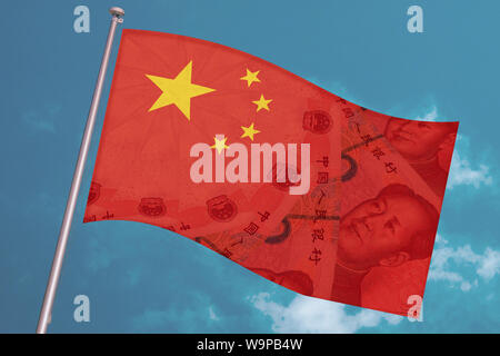 China national flag overlaid with Yuan renminbi banknotes waves on blue sky background. Chinese money and political situation. Concept of Chinese fina Stock Photo