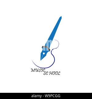 Logo template for vocal or music school. with guitar and pen, Vector illustration on white background Stock Vector