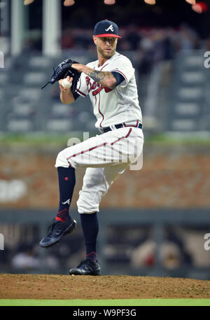 Atlanta, GA, USA. August 14, 2019: Atlanta Braves pitcher Shane Greene delivers a pitch during the eighth inning of a MLB game against the New York Mets at SunTrust Park in Atlanta, GA. Austin McAfee/CSM Credit: Cal Sport Media/Alamy Live News Stock Photo