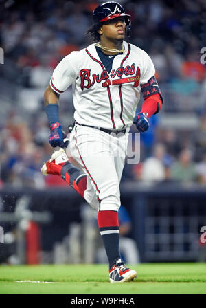 Atlanta, GA, USA. August 14, 2019: Atlanta Braves outfielder Ronald Acuna Jr. runs down the first baseline during the third inning of a MLB game against the New York Mets at SunTrust Park in Atlanta, GA. Austin McAfee/CSM Credit: Cal Sport Media/Alamy Live News Stock Photo