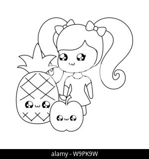 cute little girl with fruits kawaii style vector illustration design Stock Vector