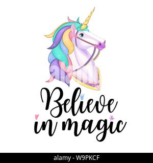 White Unicorn vector illustration for children design. Rainbow hair. Isolated. Cute fantasy animal. Typography design. Stock Vector