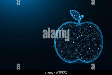 Apple low poly design, fruit abstract geometric image, food wireframe mesh polygonal vector illustration made from points and lines on dark blue backg Stock Vector