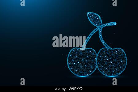 Cherries low poly design, fruit symbol abstract geometric image, berries wireframe mesh polygonal vector illustration made from points and lines on da Stock Vector