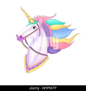 White Unicorn vector illustration for children design. Rainbow hair. Isolated. Cute fantasy animal. Typography design. Stock Vector