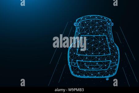 Car low poly design, transport abstract geometric image, fast driving wireframe mesh polygonal vector illustration made from points and lines on dark Stock Vector