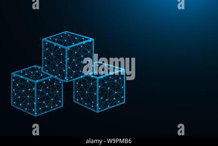 Cubes low poly design, sugar abstract geometric image, ice cube wireframe mesh polygonal vector illustration made from points and lines on dark blue b Stock Vector