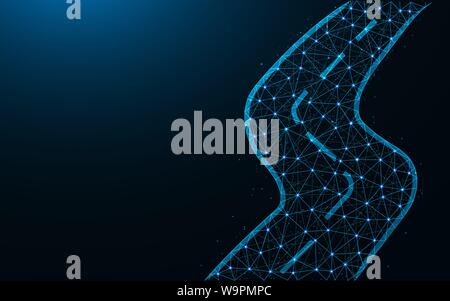 Road low poly design, Journey abstract geometric image, direction wireframe mesh polygonal vector illustration made from points and lines on dark blue Stock Vector