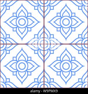 Azujelo Lisbon tile vector pattern - Lisbon tiles seamless design with flowers , tile decor in navy blue - Portuguese retro tile ornament, repetitve m Stock Vector