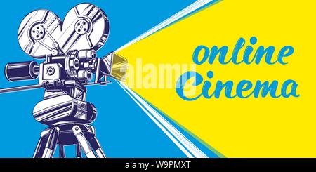 cinema logo festival, vintage old movie camera, , calligraphic text hand drawn vector illustration realistic sketch Stock Vector