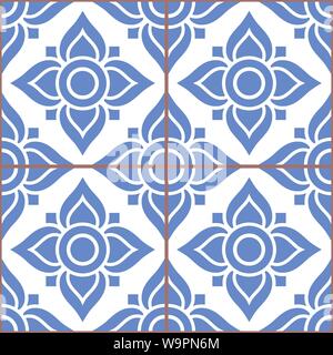 Azujelo Lisbon tile vector pattern - Lisbon tiles seamless design with flowers , tile decor in navy blue - Portuguese retro tile ornament, repetitve. Stock Vector