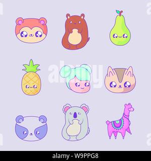 set of fruits with girl and cute animals kawaii style vector illustration design Stock Vector