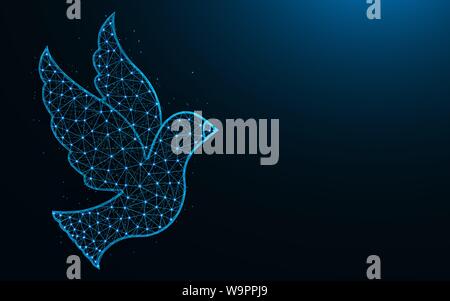 Bird low poly design, animal symbol abstract geometric image, dove wireframe mesh polygonal vector illustration made from points and lines on dark blu Stock Vector