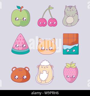 set of fruits with cute animals and chocolate kawaii vector illustration design Stock Vector