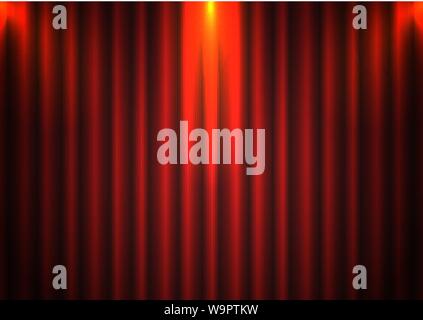 Red curtain background with spotlight in theater. Theatrical drapes stage opening ceremony hall movie light closed velvet fabric textile. Vector illus Stock Vector