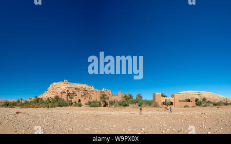 Ait Ben Haddou Kasbah, old medieval town in Morocco desert, castle fort gate, clay mud houses ruins, river in the mountiains Stock Photo