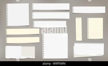 Set of torn white and yellow note, notebook strips, lined and squared paper pieces stuck on grey background. Vector illustration Stock Vector