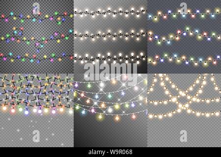 Set of christmas lights isolated realistic design elements. Glowing lights for Xmas Holiday cards, banners, posters, web design. Garlands decorations. Stock Vector