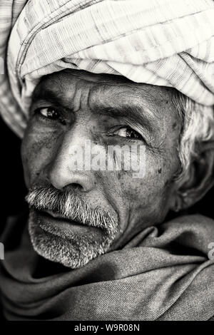 Old Rajasthani man with traditional turban and moustache in Jaisalmer, India Stock Photo