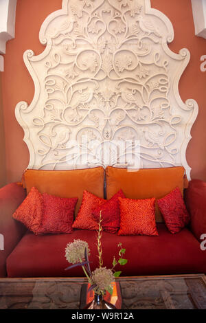 Room decor at Kasbah Tamadot Retreat in Atlas Mountains near Marrakech, Morocco Stock Photo