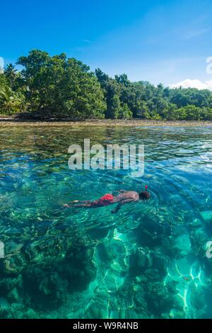 Man snorkeling in the clear waters, Buka, Papua New Guinea Stock Photo