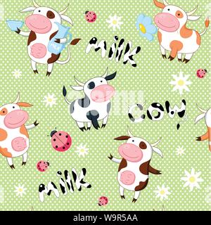 Vector seamless background with cute cows and ladybirds Stock Vector