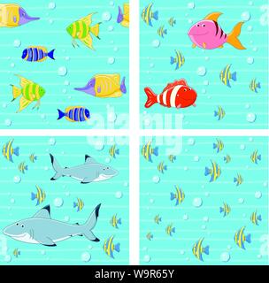 Vector collection of seamless backgrounds with cute fishes Stock Vector