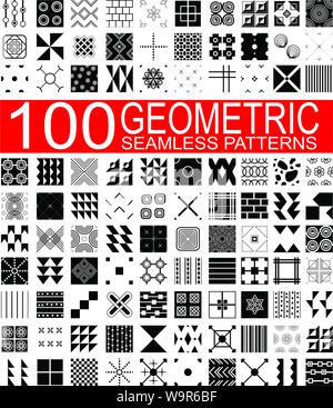 Set of 100 different vector geometric seamless patterns (tiling) of black and white color. Endless texture can be used for pattern fills, web page bac Stock Vector