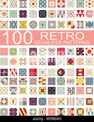 Set of 100 retro different vector geometric seamless patterns (tiling) of blue, orange, red, ivory, pink and green colors. Endless texture can be used Stock Vector