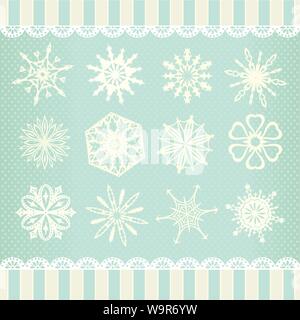 Set of 12 different vector snowflakes on background in retro style. Can be used for scrapbooking Christmas or winter design Stock Vector