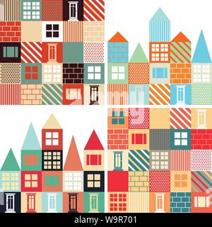 Collection of seamless vector backgrounds with with houses made of decorative blocks. Endless texture can be used for construction design, wallpaper, Stock Vector