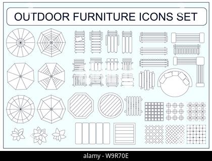 Set of simple outdoor furniture vector icons as design elements - beach chair, bench, table, umbrella, round sofa, seamless floor tiles samples, sofa, Stock Vector