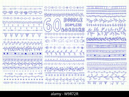 Set of 60 vector seamless borders in doodle style (included hearts, flowers, arrows, fish, ivy, flags and geometric elements). Can be used for doodle Stock Vector