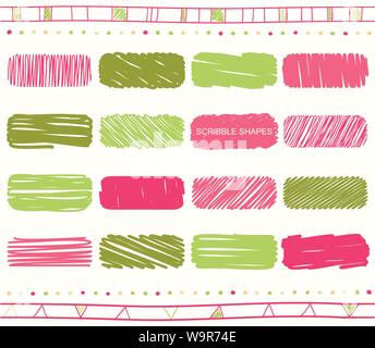 Vector collection of retro scribbled elements in hand drawn style of of green, pink, magenta and red color Stock Vector