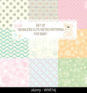 Set of nine retro different vector seamless patterns (tiling) of blue, orange, ivory, pink and green colors. Endless texture can be used for pattern f Stock Vector