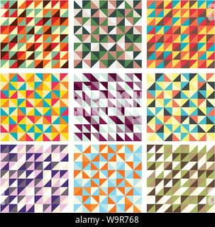 Set of nine retro different vector seamless patterns (tiling) with trianglies of blue, ivory, pink and green colors. Endless texture can be used for p Stock Vector