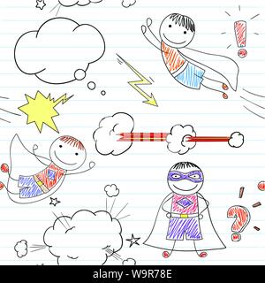 Seamless background with happy boys in superheroes costumes. Sketch on notebook page. Endless texture can be used for pattern fills, web page backgrou Stock Vector