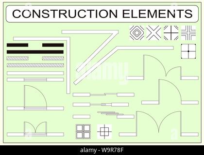 Set of simple vector icons as design elements - wall, window, door, sliding doors, seamless tiles samples Stock Vector