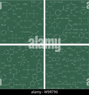 Collection of seamless vector backgrounds with chemistry formulas and equations on school board. Endless texture can be used for education or science Stock Vector