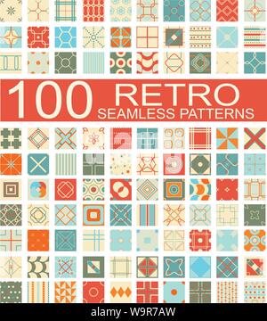 Set of 100 retro different vector geometric seamless patterns (tiling) of blue, orange, red, ivory, pink and green colors. Endless texture can be used Stock Vector