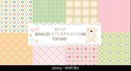 Set of 8 retro different vector seamless patterns (tiling) of blue, orange, ivory, pink and green colors. Endless texture can be used for pattern fill Stock Vector