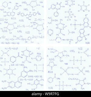 Collection of seamless vector backgrounds with chemistry formulas and equations on notebook page. Endless texture can be used for education or science Stock Vector