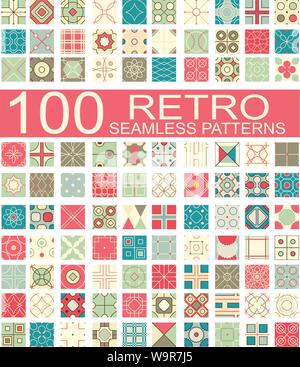 Set of 100 retro different vector geometric seamless patterns (tiling) of blue, red, ivory, pink and green colors. Endless texture can be used for pat Stock Vector