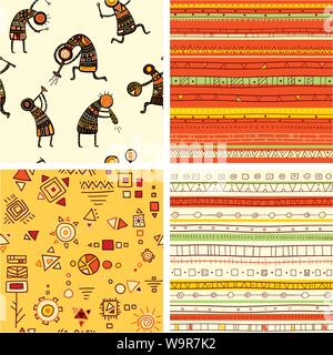 Collection of four seamless patterns with African ethnic patterns of yellow, orange, black and red color Stock Vector