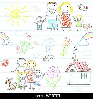 Seamless background with happy family - mom, dad, boy and girl. Sketch on notebook page in doodle style Stock Vector