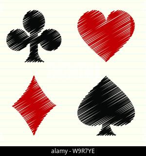Vector collection of scribbled lines with playing cards symbols Stock Vector